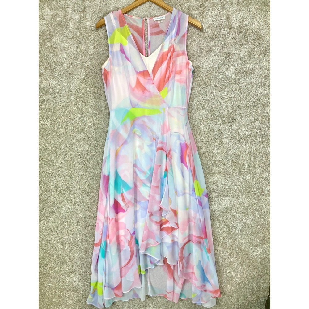 Calvin Klein Abstract Floral High Low Maxi Dress Women 8 Pink White Evening Chic